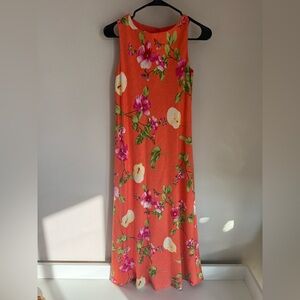 Vintage Orange Tropical Floral Maxi Dress Sleeveless Hibiscus Calla Lily Print